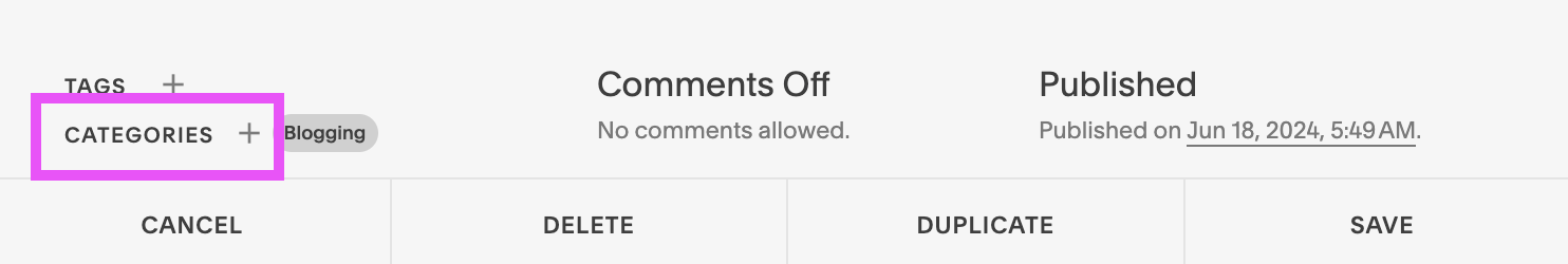 accessing the blog post categories settings in Squarespace 7.0