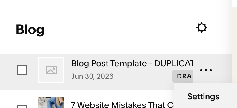 Accessing blog post template settings in Squarespace