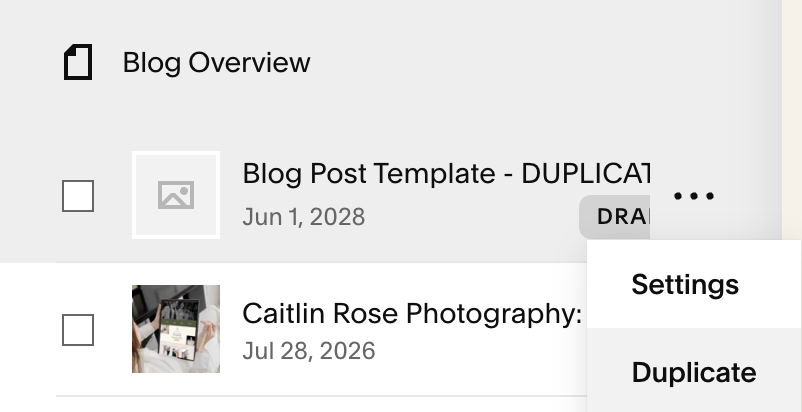 Duplicate the blog post template in Squarespace
