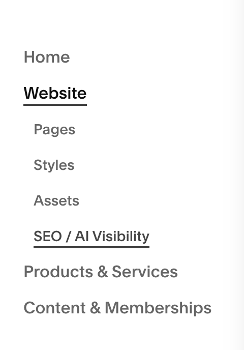 Accessing the SEO/AI Visibility panel in Squarespace