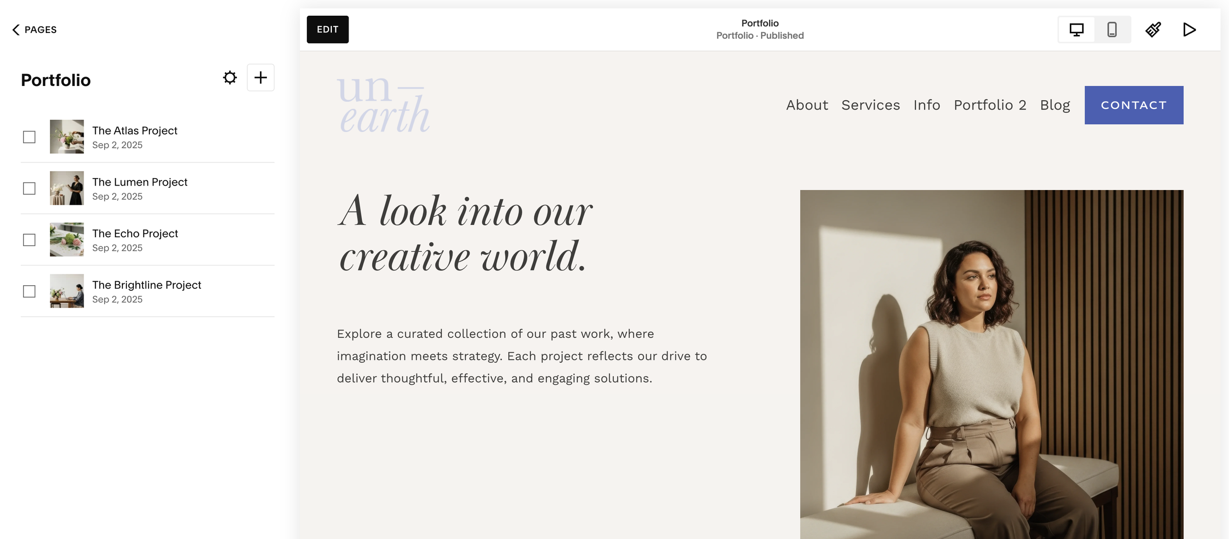 Example of the Unearth Squarespace template portfolio projects