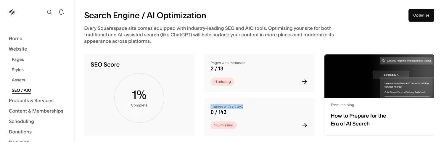 SEO/AIO optimization panel in Squarespace