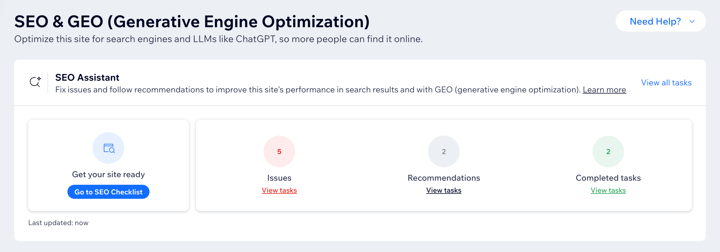 Wix SEO & GEO dashboard