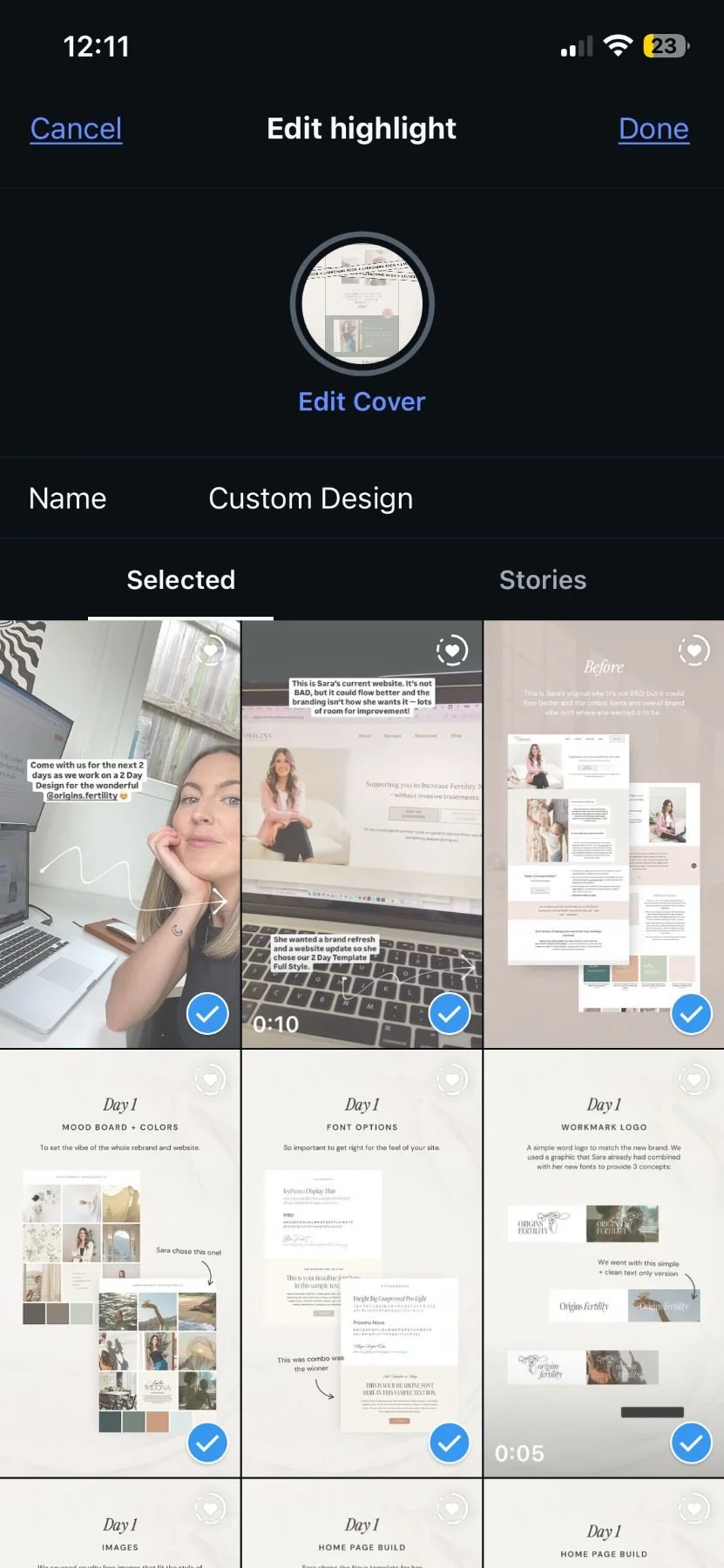 selecting stories shown in a highlight