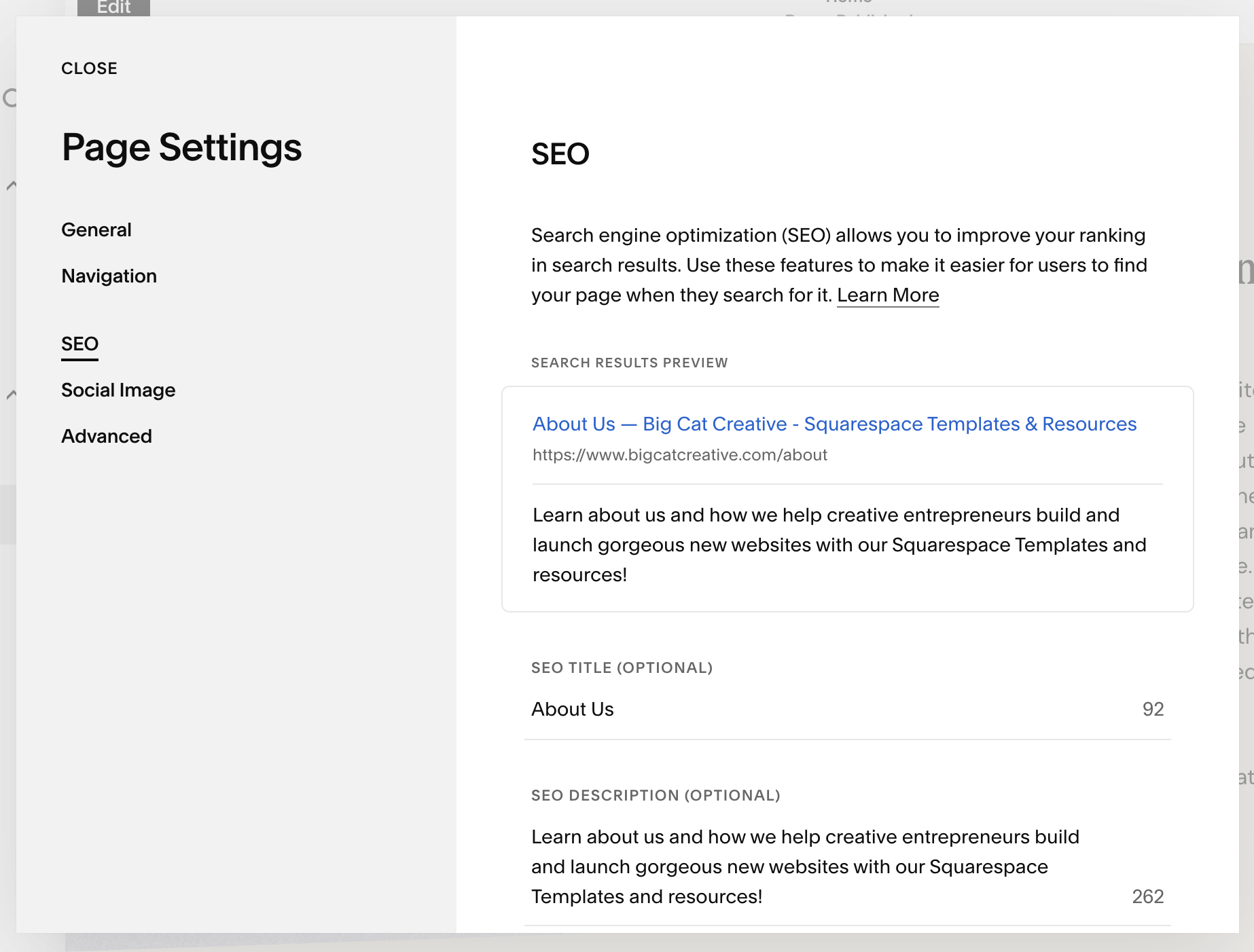 Add Page Titles and Descriptions in the SEO panel in Squarespace