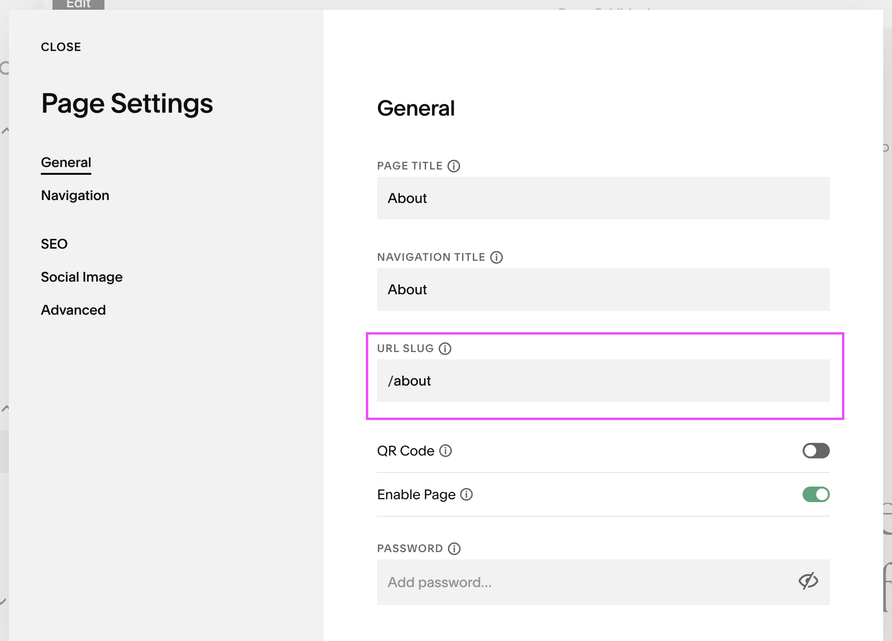 Updating page URLs in Squarespace