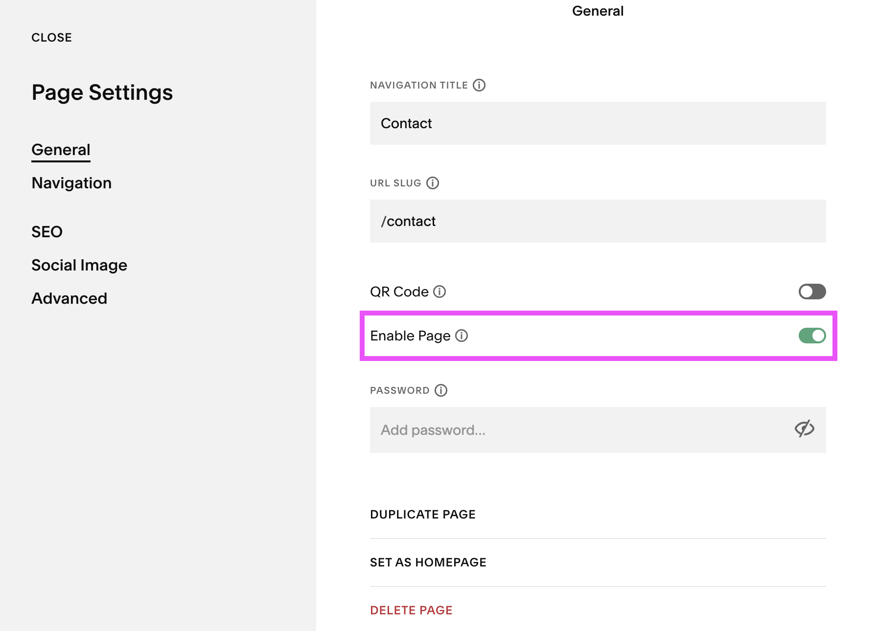 Toggle On enable page in Squarespace
