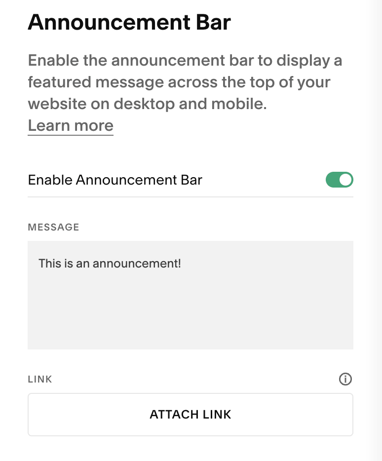 Editing the announcement bar in Squarespace