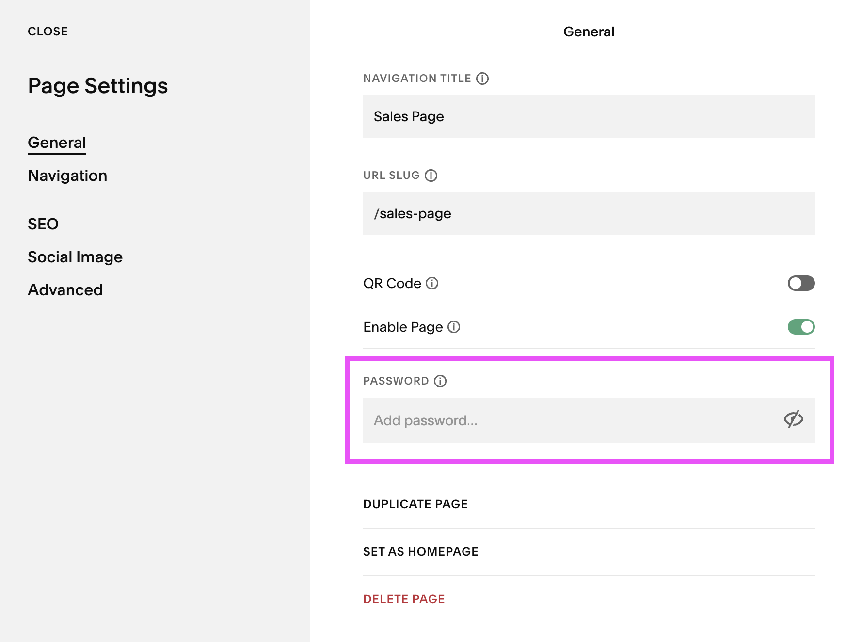 Setting a password for a page in Squarespace