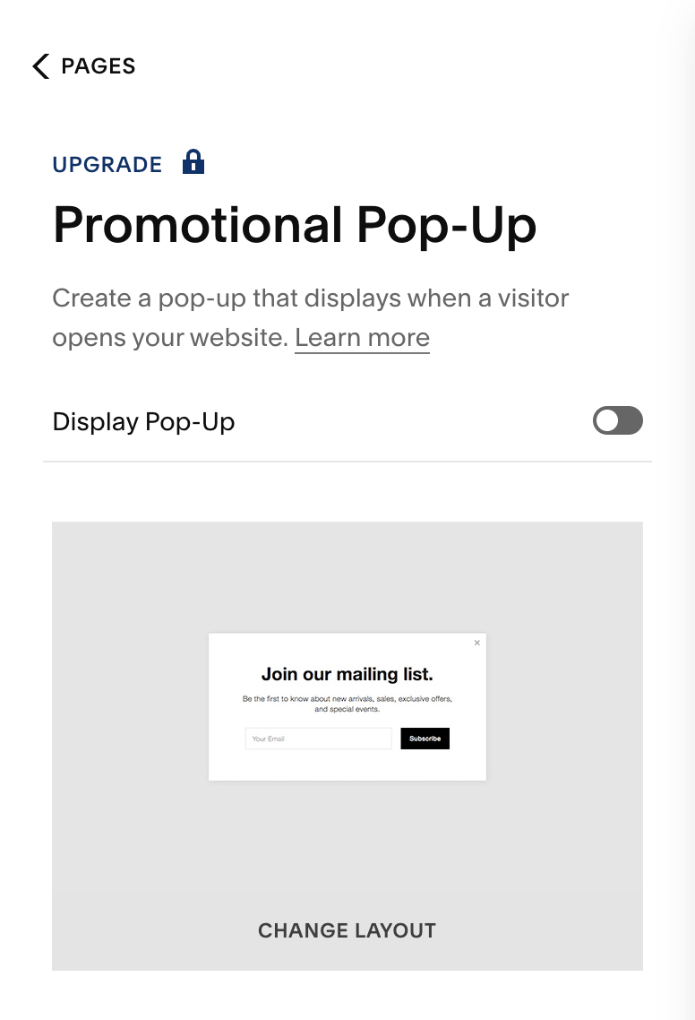 Promo pop up editing in Squarespace