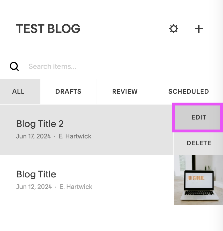 accessing blog post settings in Squarespace 7.0