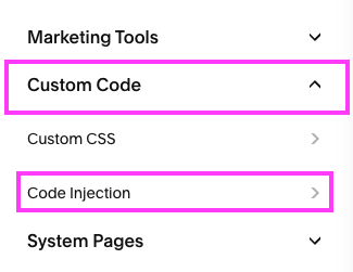 accessing the Code Injection area in Squarespace
