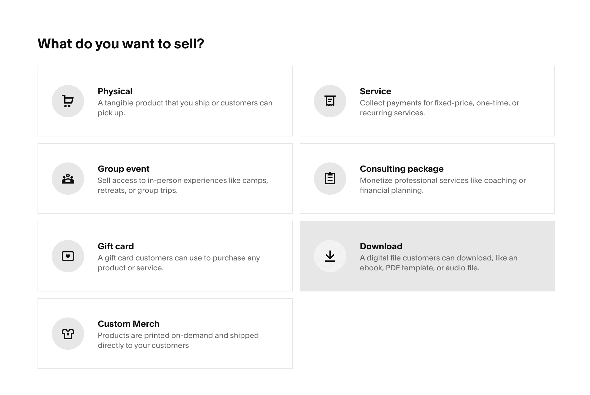 Squarespace ecommerce product types