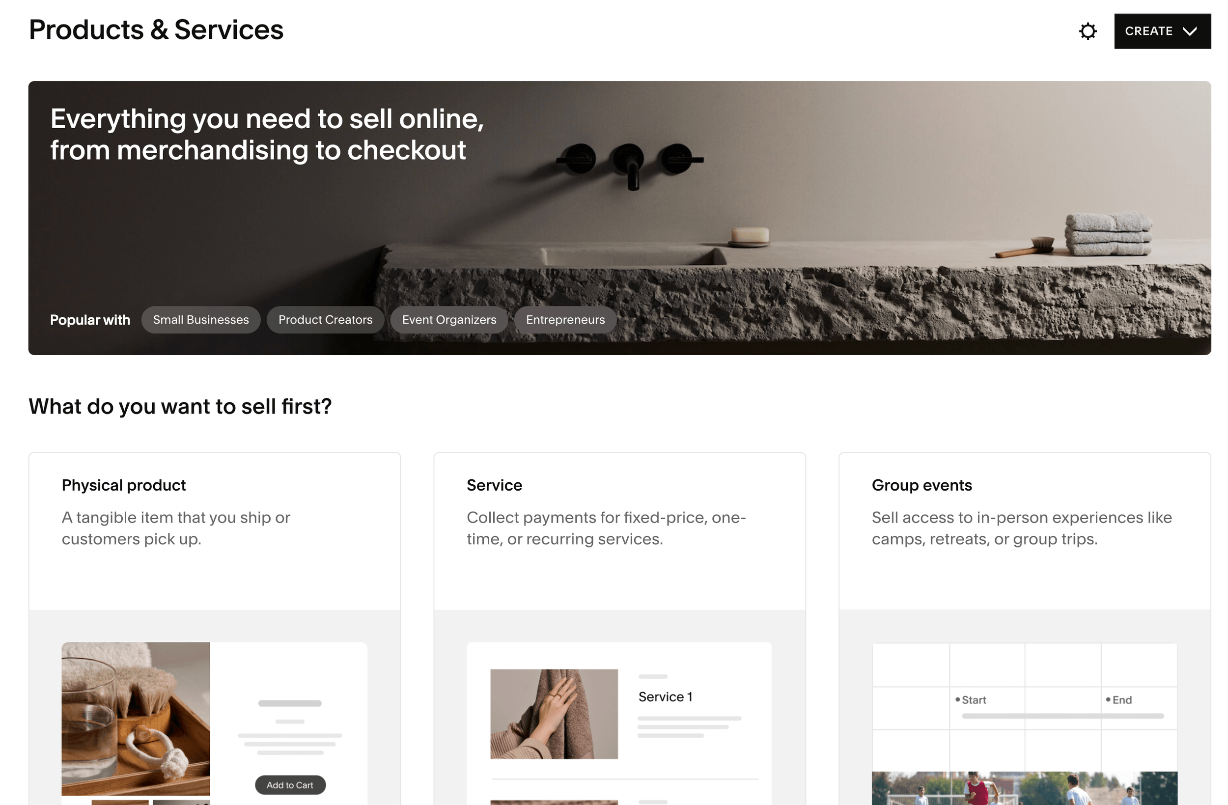 Squarespace e-commerce products & services dashboard