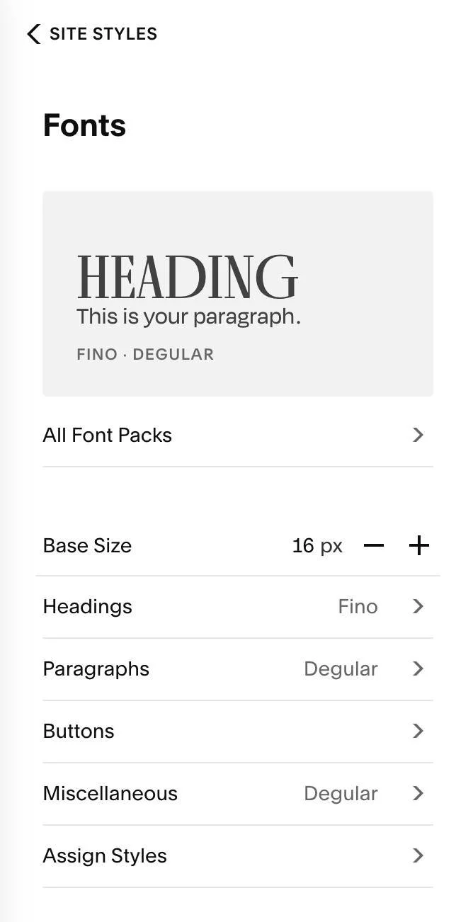 fonts panel in Squarespace