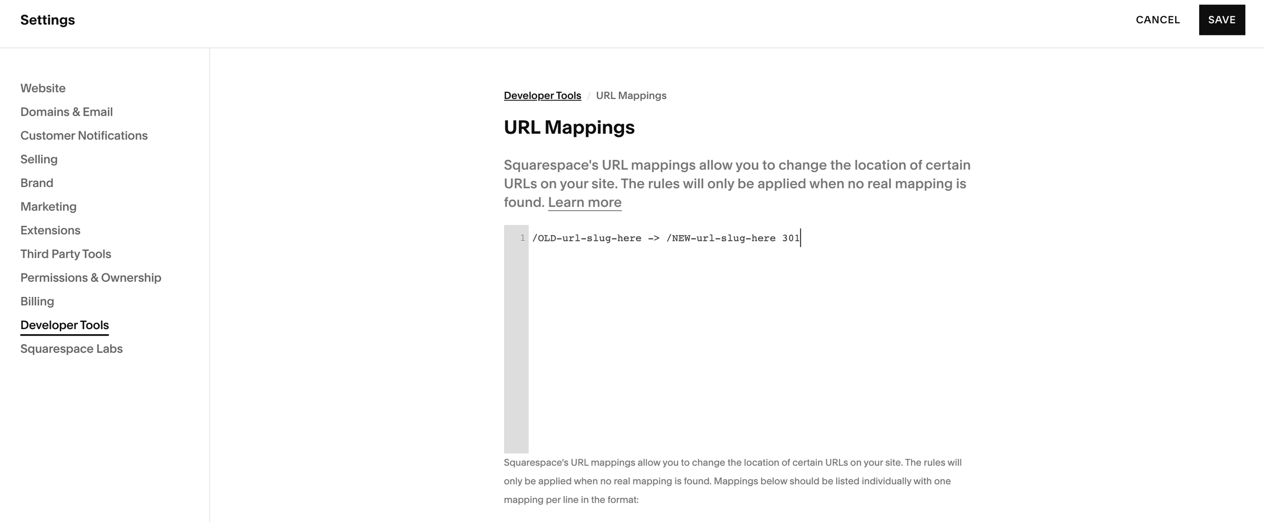 URL mapping settings window in Squarespace