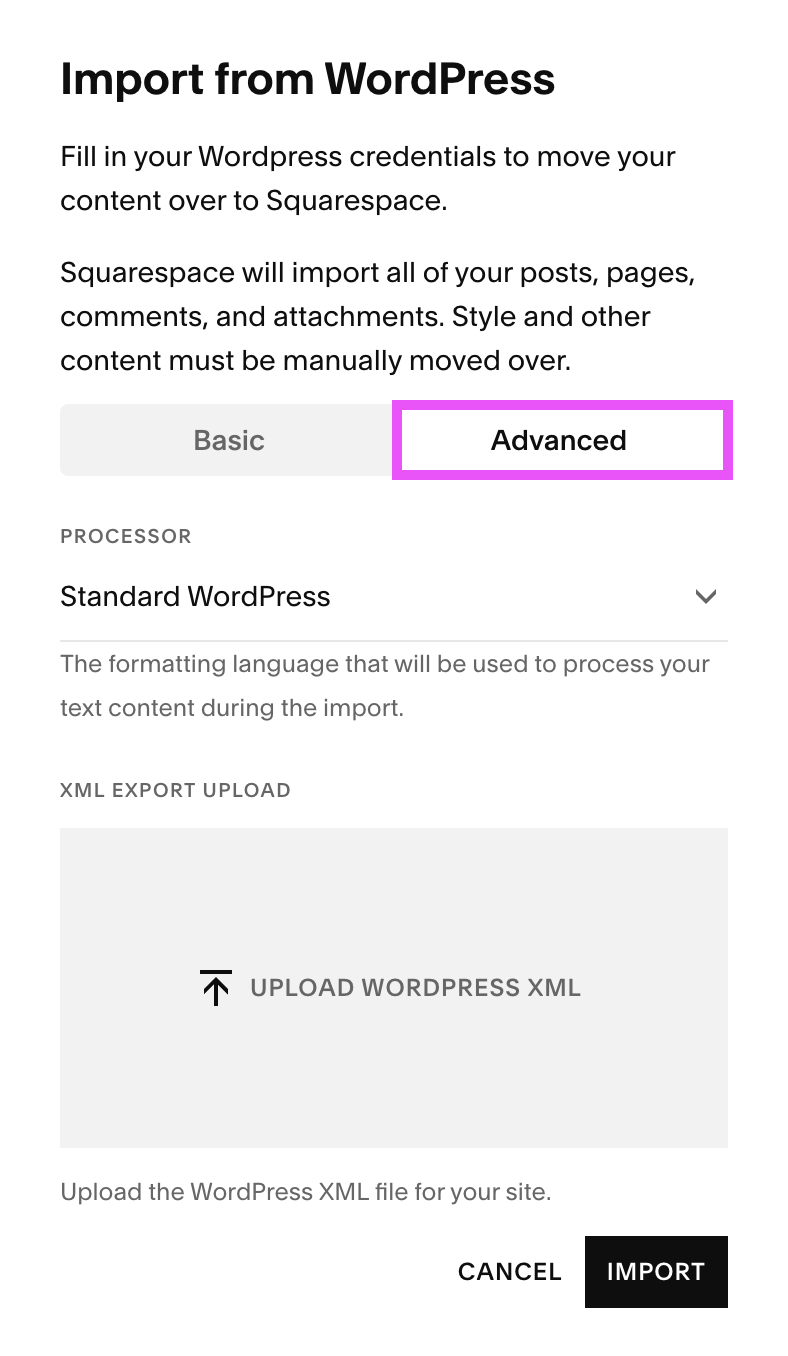 Advanced setting for importing wordpress site content to Squarespace