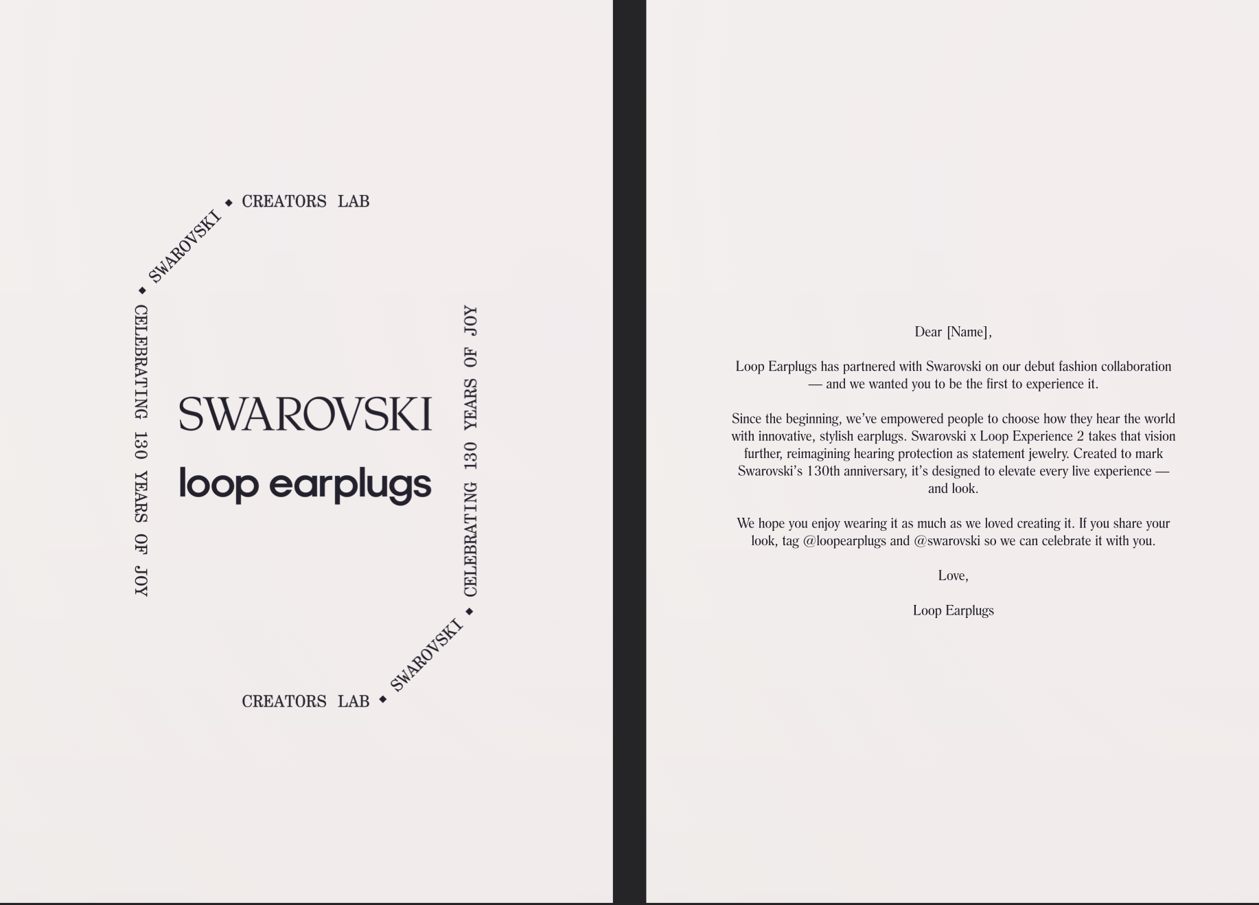 Swarovski x Loop PR seeding box note