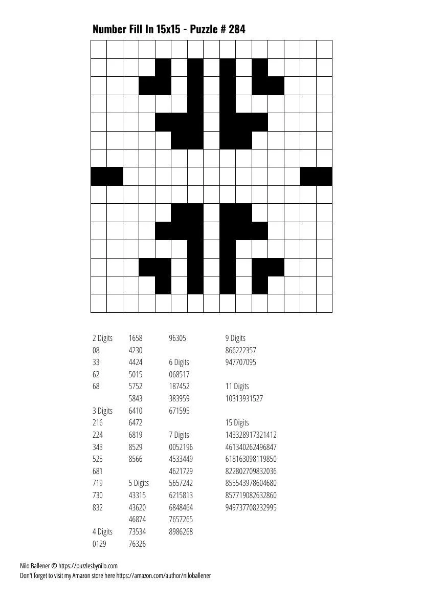 Free Downloadable Puzzle Number Fill In 15x15 # 284 — Puzzles By Nilo