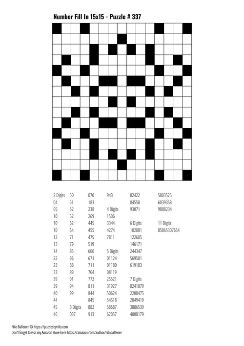 Free Downloadable Puzzle Number Fill In 15x15 # 337 — Puzzles By Nilo