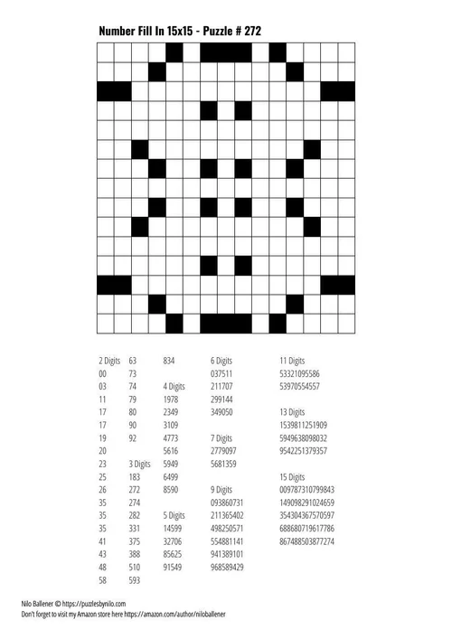 Free Downloadable Puzzle Number Fill In 15x15 # 272 — Puzzles By Nilo