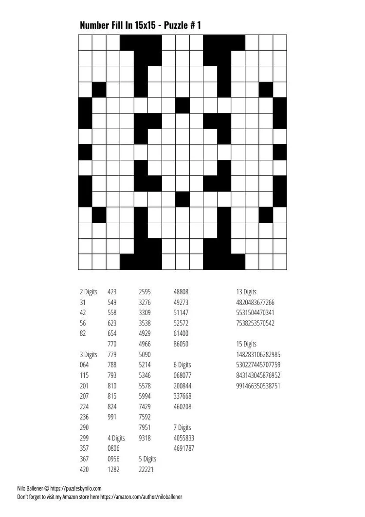 Free Downloadable Puzzle Number Fill In 15x15 # 1 — Puzzles By Nilo