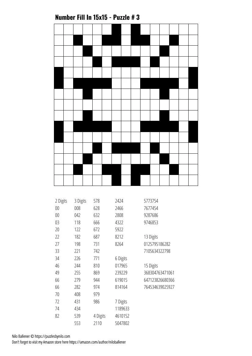 Free Downloadable Puzzle Number Fill In 15x15 # 3 — Puzzles By Nilo