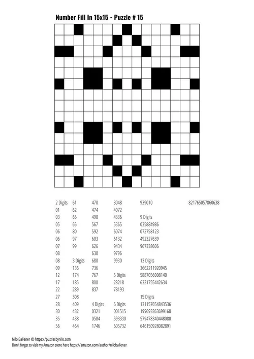 Free Downloadable Puzzle Number Fill In 15x15 # 15 — Puzzles By Nilo