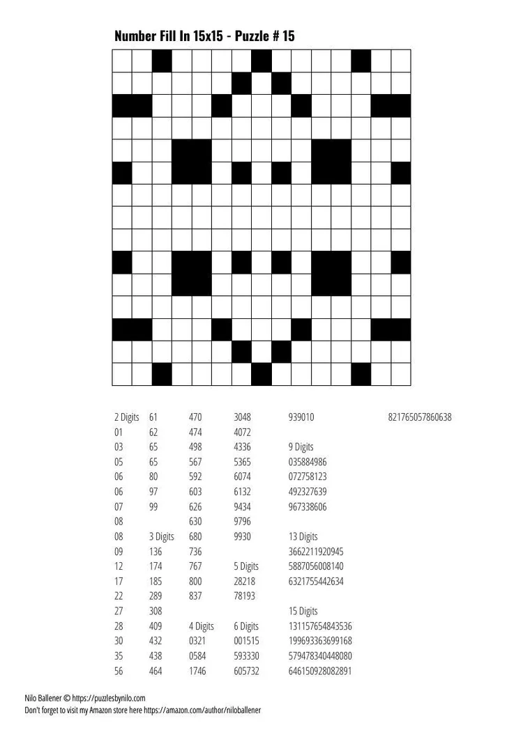 Free Downloadable Puzzle Number Fill In 15x15 # 15 — Puzzles By Nilo