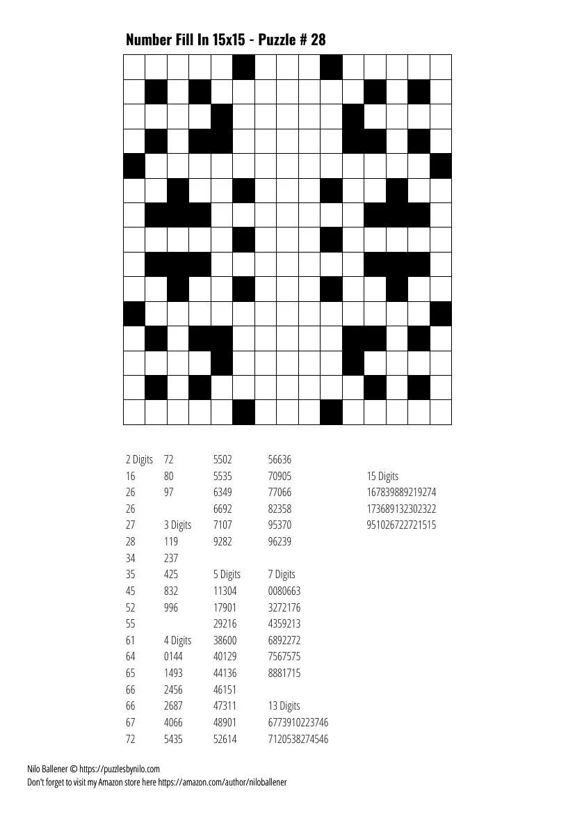 Free Downloadable Puzzle Number Fill In 15x15 # 28 — Puzzles By Nilo