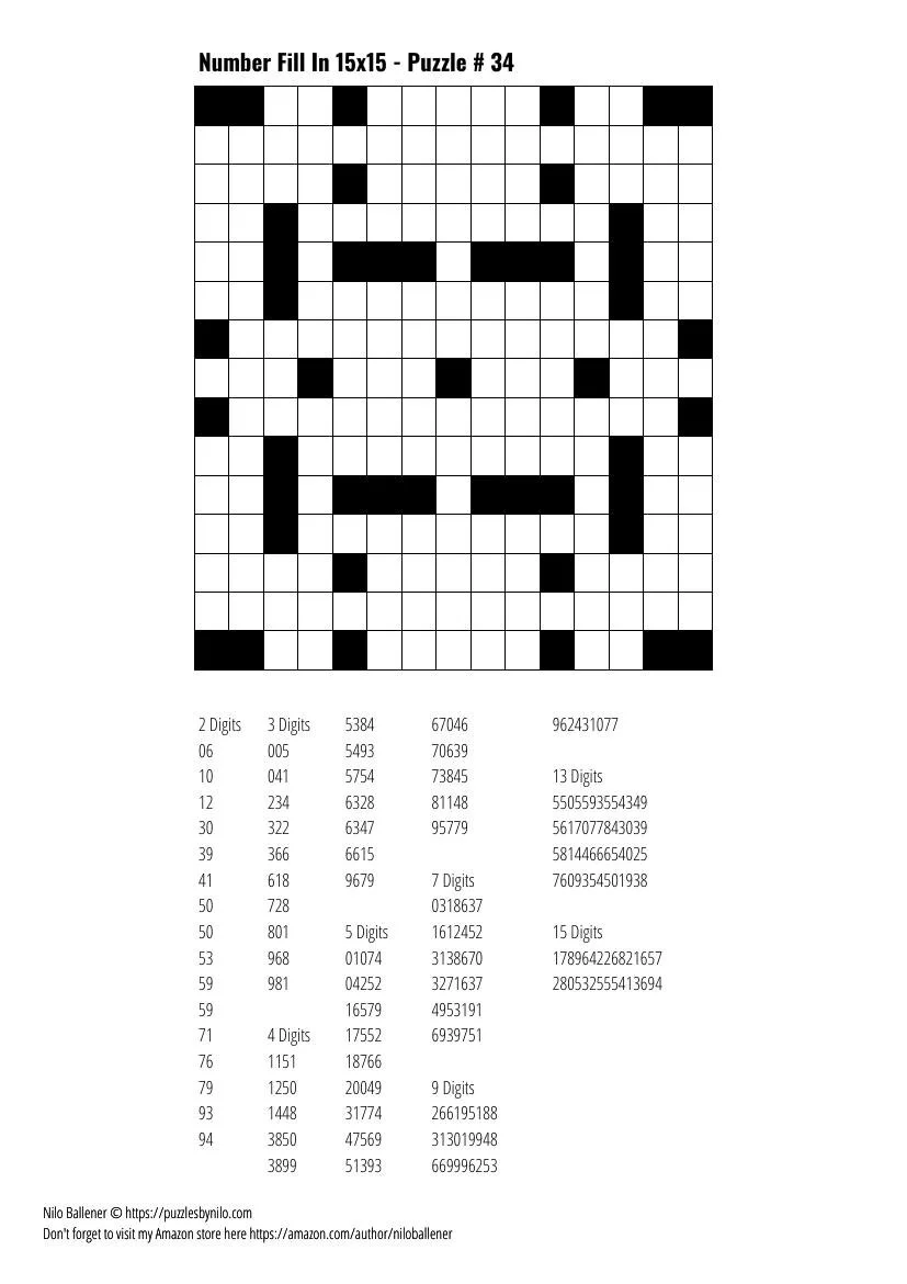 Free Downloadable Puzzle Number Fill In 15x15 # 34 — Puzzles By Nilo