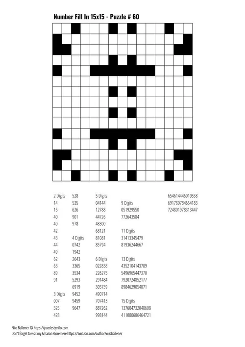 Free Downloadable Puzzle Number Fill In 15x15 # 60 — Puzzles By Nilo