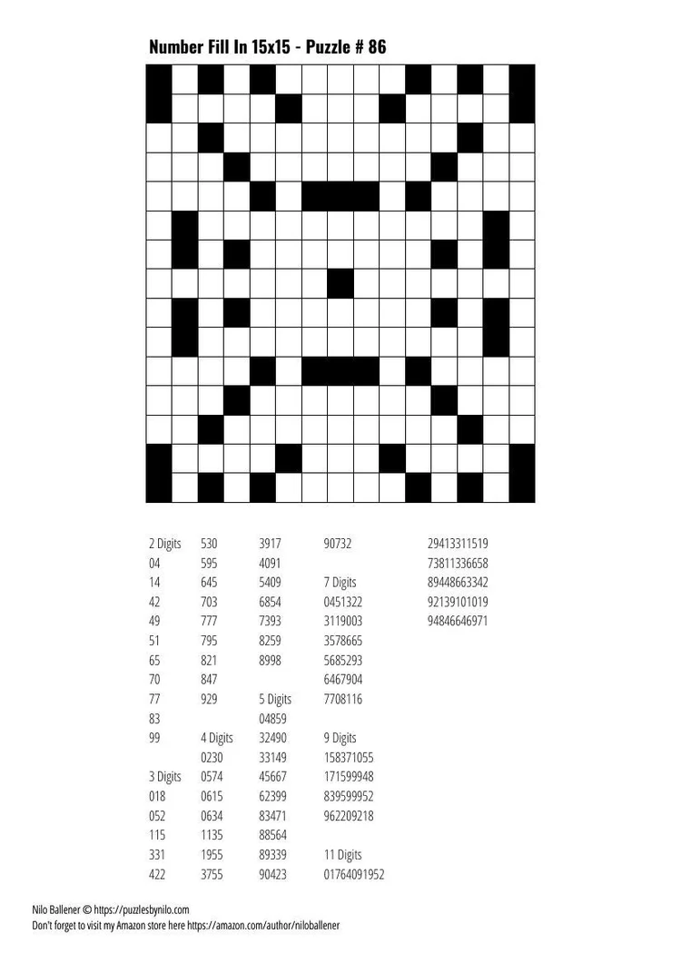 Free Downloadable Puzzle Number Fill In 15x15 # 86 — Puzzles By Nilo