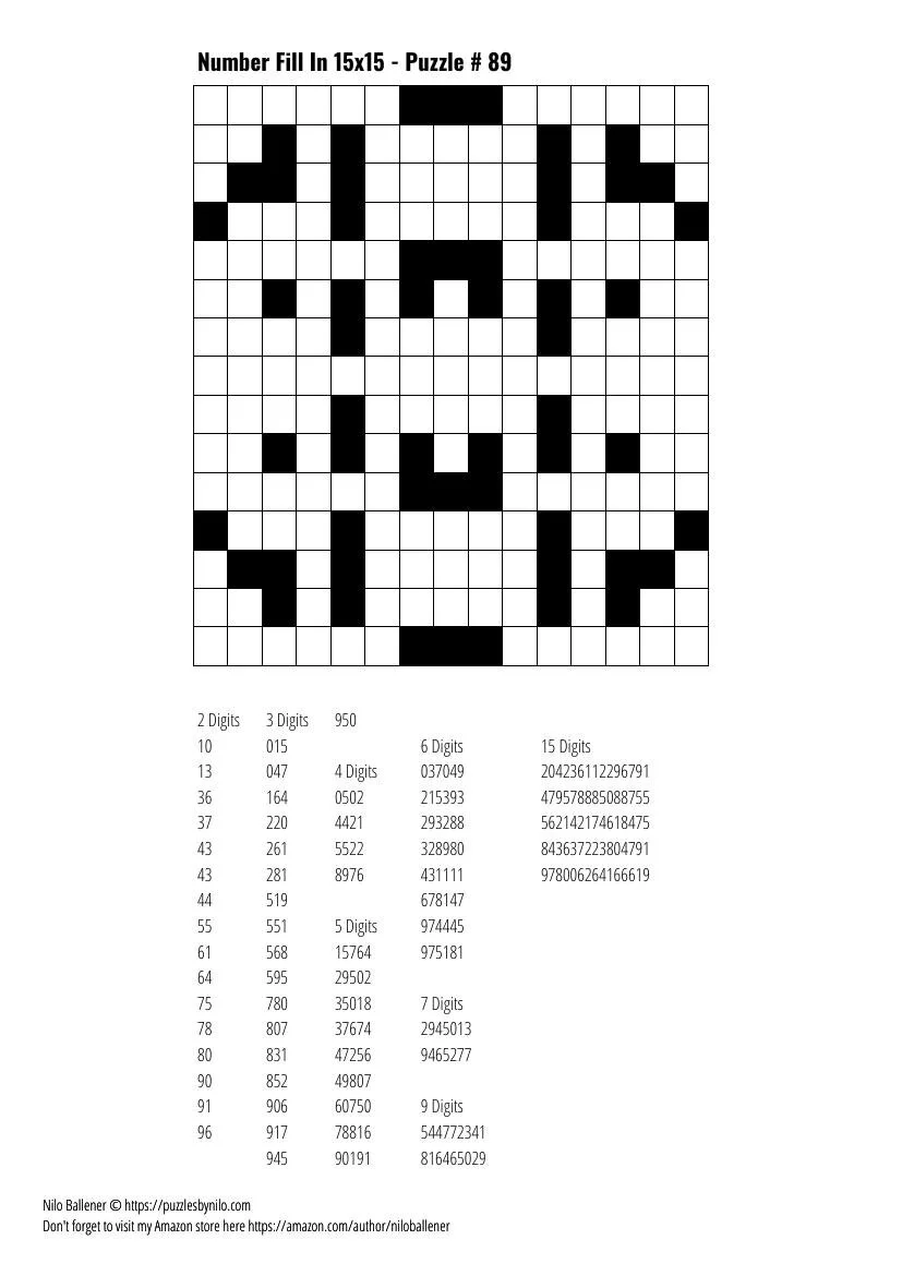 Free Downloadable Puzzle Number Fill In 15x15 # 89 — Puzzles By Nilo