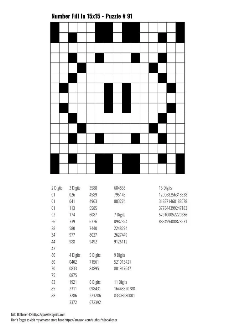 Free Downloadable Puzzle Number Fill In 15x15 # 91 — Puzzles By Nilo