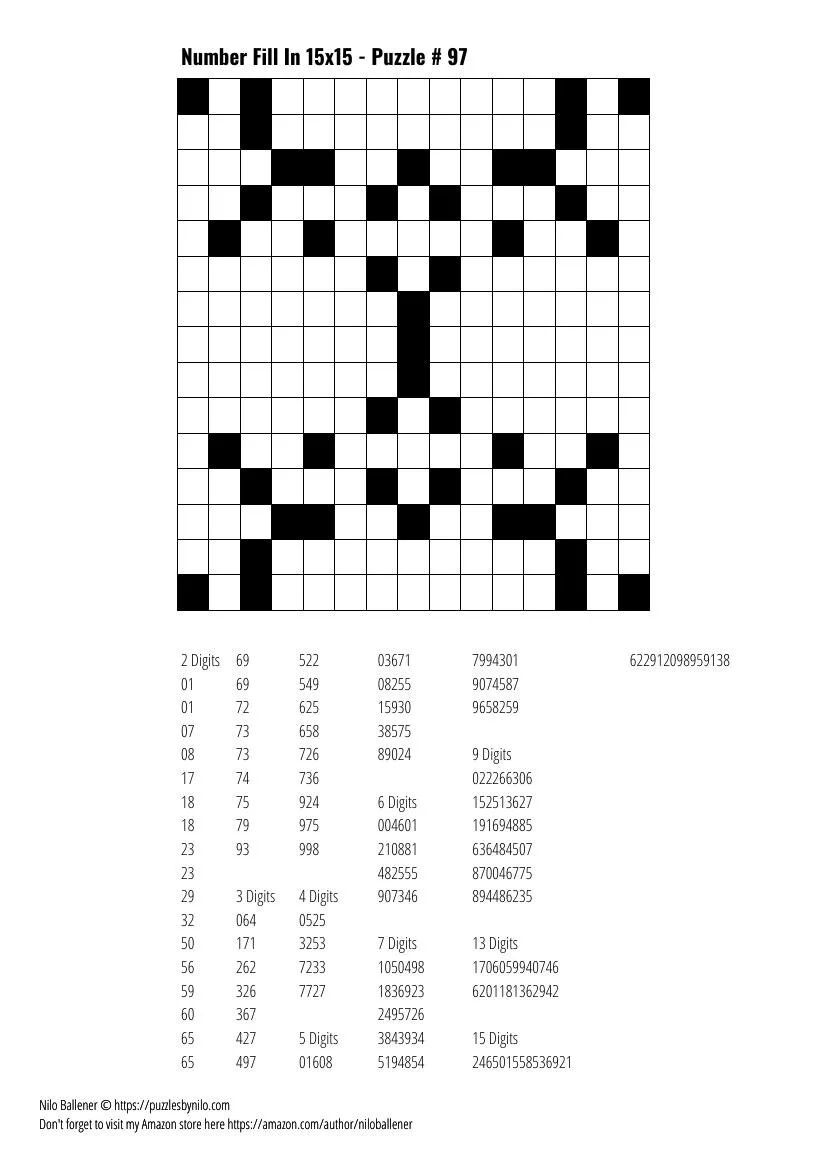 Free Downloadable Puzzle Number Fill In 15x15 # 97