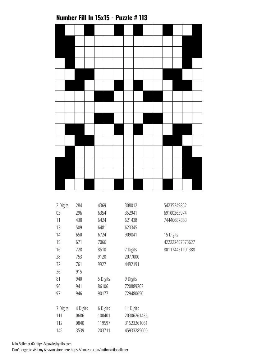 Free Downloadable Puzzle Number Fill In 15x15 # 113 — Puzzles By Nilo