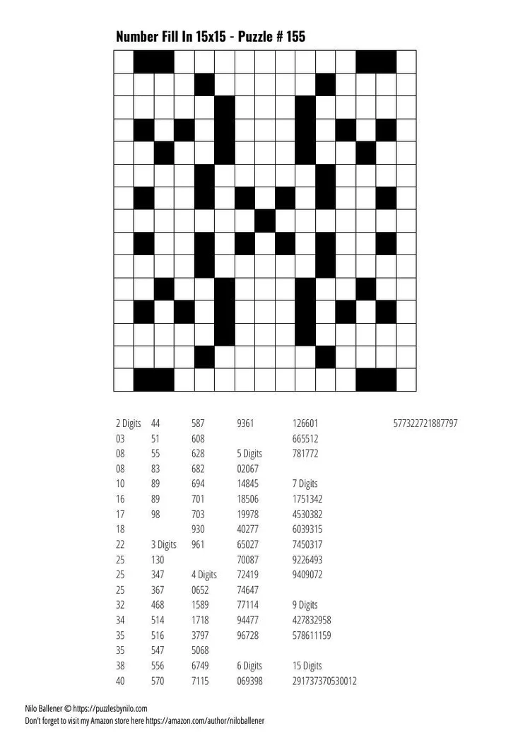 Free Downloadable Puzzle Number Fill In 15x15 # 155 — Puzzles By Nilo