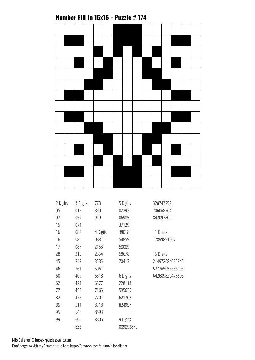 Free Downloadable Puzzle Number Fill In 15x15 # 174 — Puzzles By Nilo
