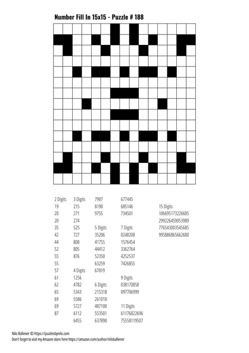 Free Downloadable Puzzle Number Fill In 15x15 # 188 — Puzzles By Nilo