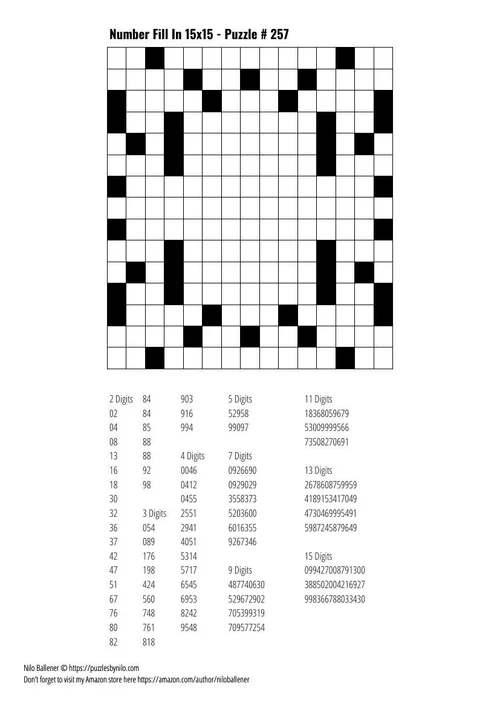 Free Downloadable Puzzle Number Fill In 15x15 # 257 — Puzzles By Nilo