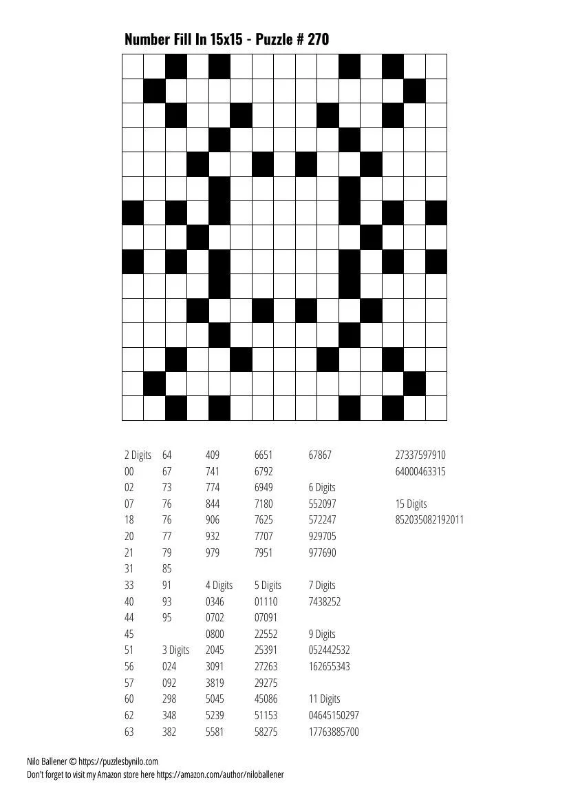 Free Downloadable Puzzle Number Fill In 15x15 # 270 — Puzzles By Nilo