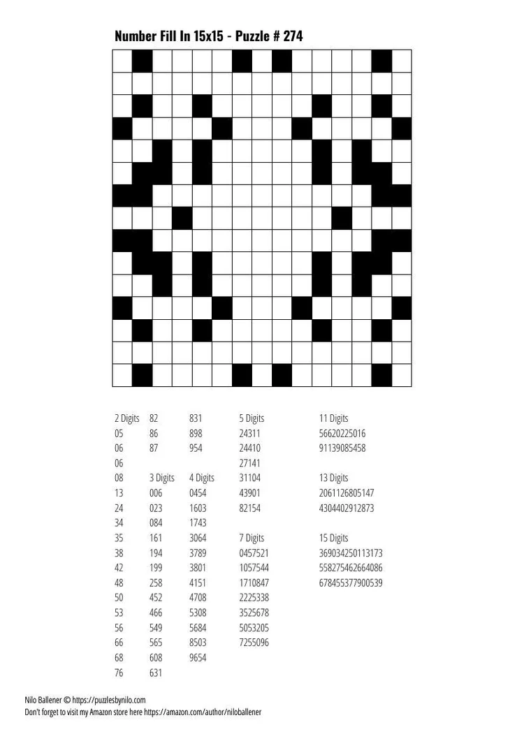 Free Downloadable Puzzle Number Fill In 15x15 # 274 — Puzzles By Nilo