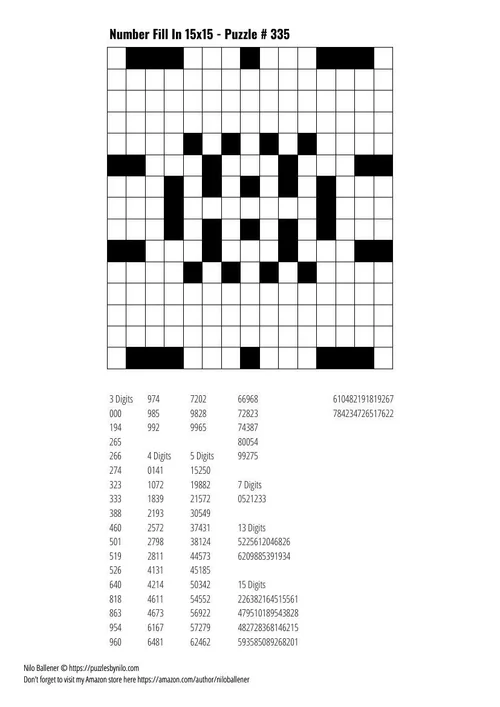 Free Downloadable Puzzle Number Fill In 15x15 # 335 — Puzzles By Nilo
