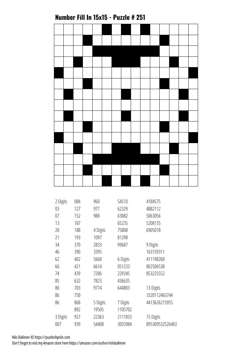 Free Downloadable Puzzle Number Fill In 15x15 # 251