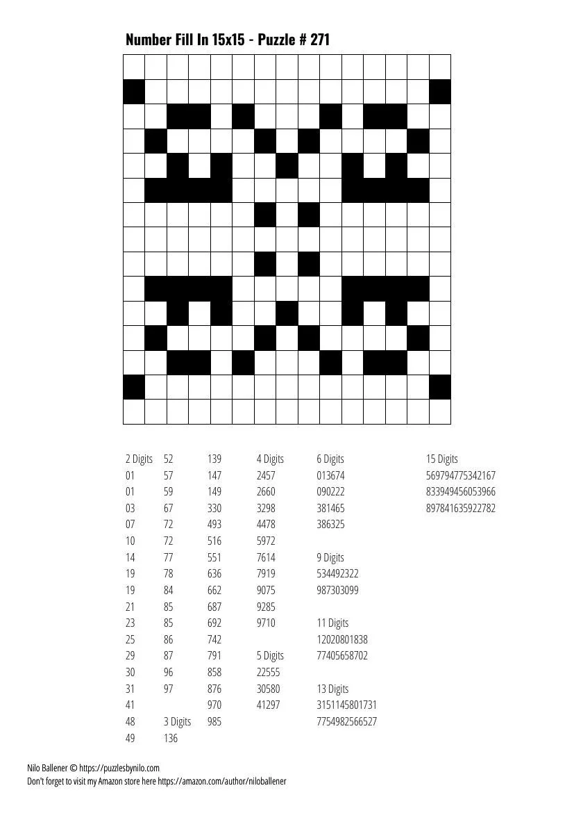 Free Downloadable Puzzle Number Fill In 15x15 # 271 — Puzzles By Nilo