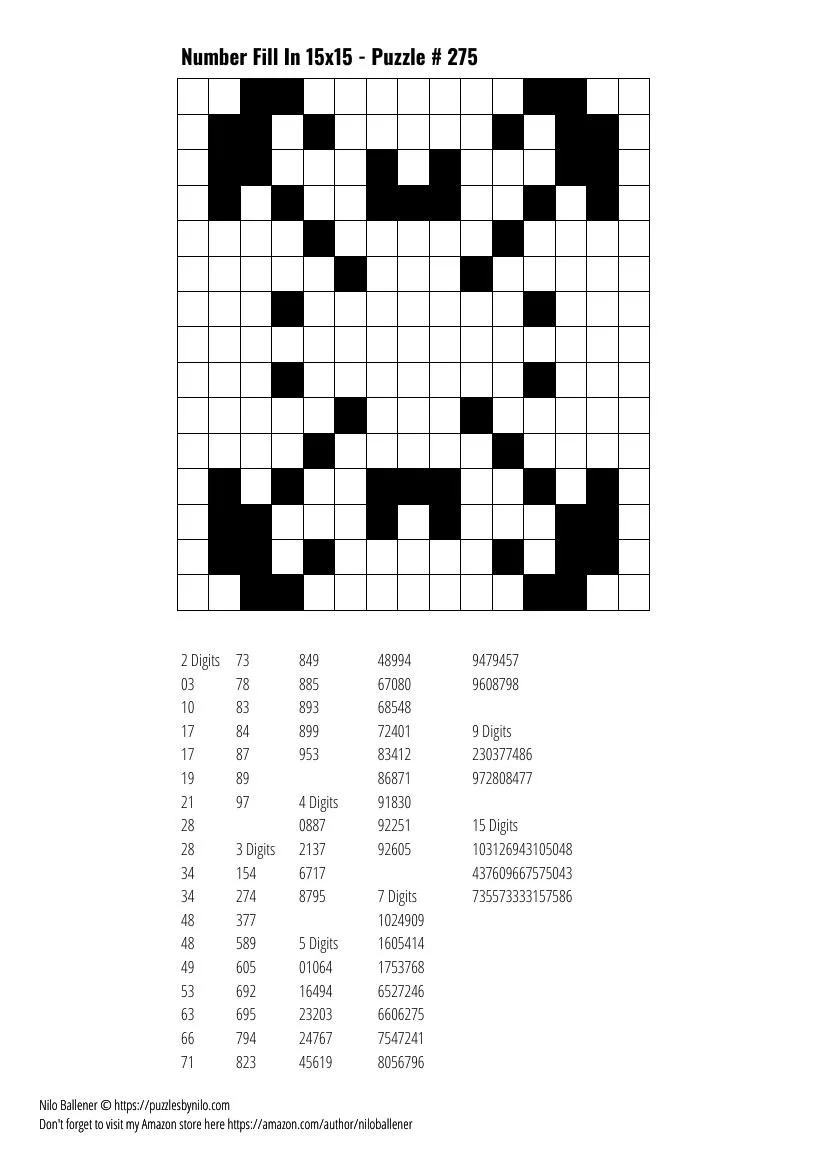 Free Downloadable Puzzle Number Fill In 15x15 # 275 — Puzzles By Nilo