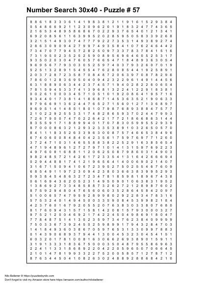 Free Downloadable Number Search 30x40 Puzzle # 57 — Puzzles By Nilo
