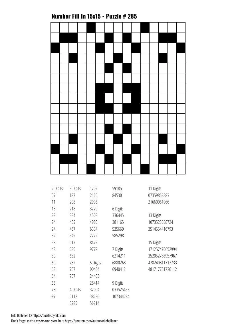 Free Downloadable Puzzle Number Fill In 15x15 # 285 — Puzzles By Nilo