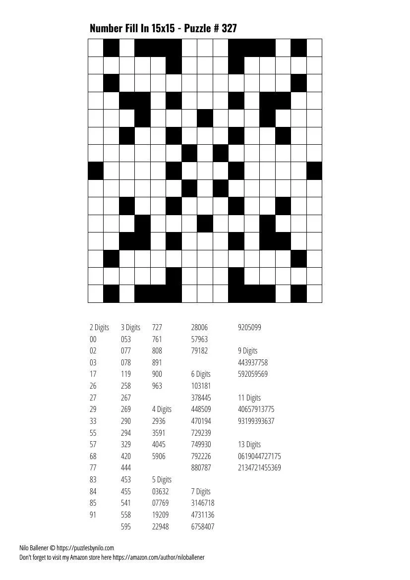 Free Downloadable Puzzle Number Fill In 15x15 # 327 — Puzzles By Nilo